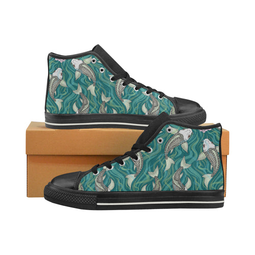 Koi Fish Carp Fish lotus pattern Women's High Top Canvas Shoes Black