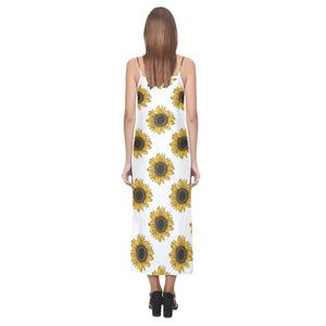 sunflowers design pattern V-Neck Open Fork Long Dress
