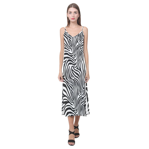 Zebra skin pattern V-Neck Open Fork Long Dress