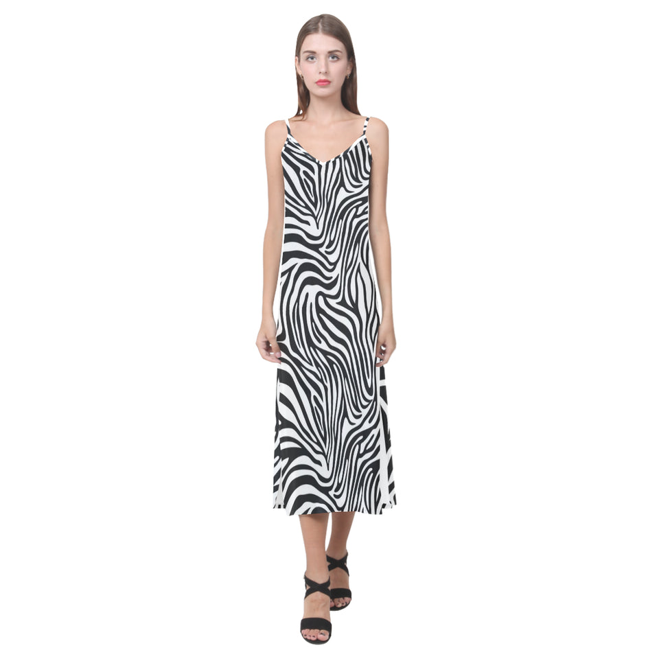 Zebra skin pattern V-Neck Open Fork Long Dress