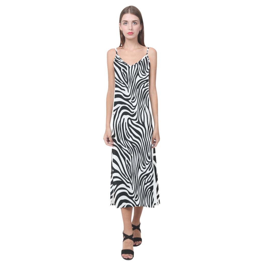 Zebra skin pattern V-Neck Open Fork Long Dress