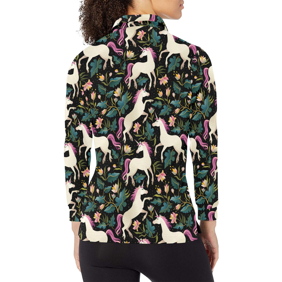 Unicorns forest background Women's Long Sleeve Polo Shirt