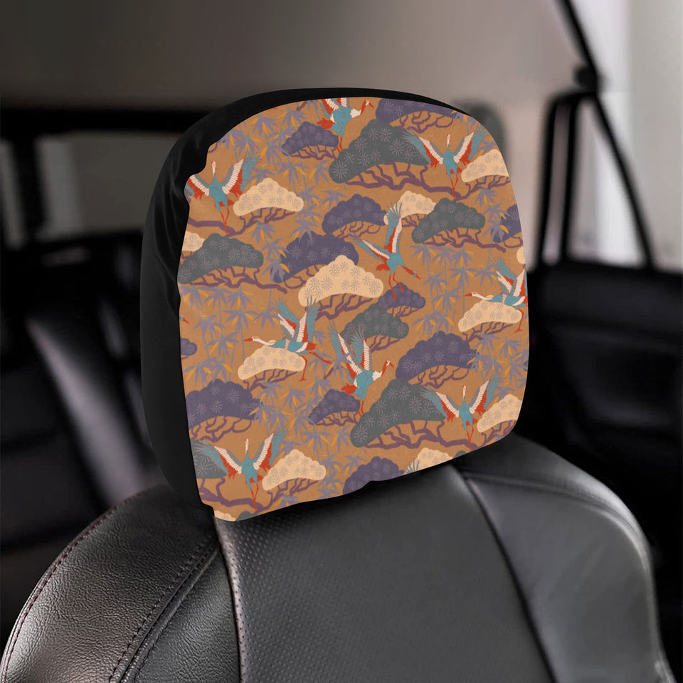Bonsai bamboo stork japanese pattern brown theme Car Headrest Cover