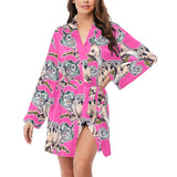 Chameleon lizard pattern pink background Women's Long Sleeve Belted Night Robe