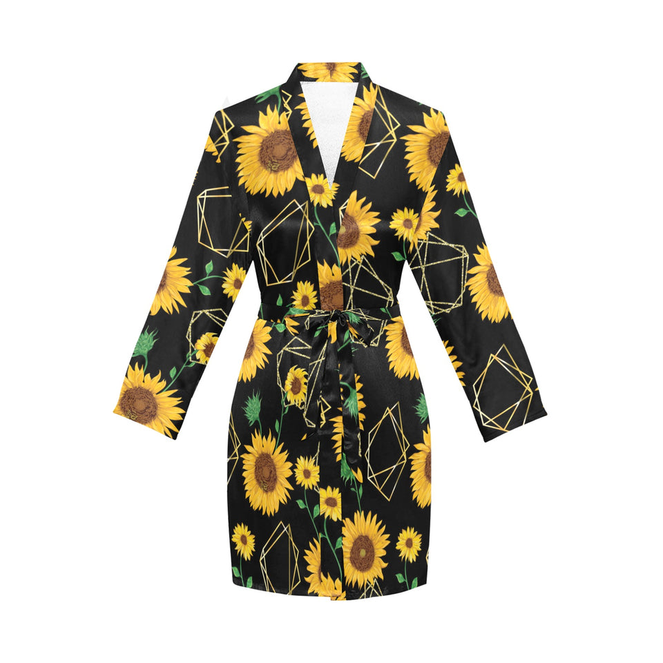 sunflower golden polygonal shapes Women's Long Sleeve Belted Night Robe