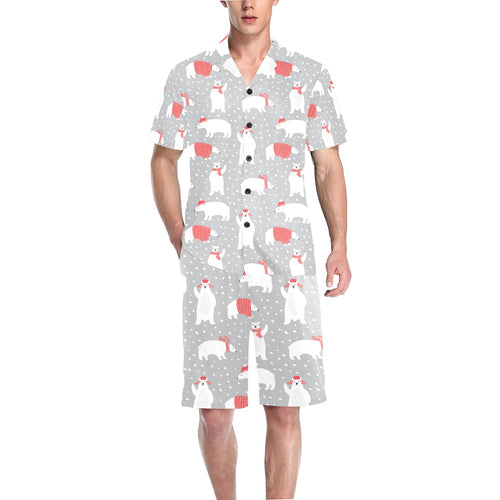 Cute polar bear christmas snow pattern Men's V-Neck Short Pajama Set