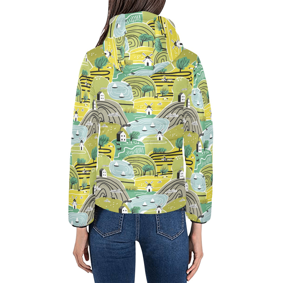 Hand drawn windmill pattern Women's Padded Hooded Jacket