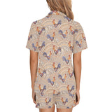 Cute rooster chicken cock floral ornament backgrou Women's V-Neck Short Pajama Set