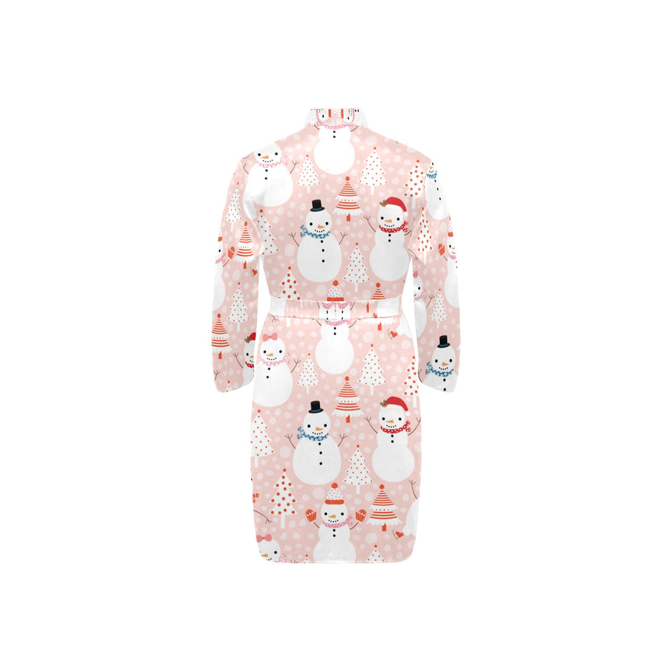 Cute snowman christmas tree snowpink background Men's Long Sleeve Belted Night Robe