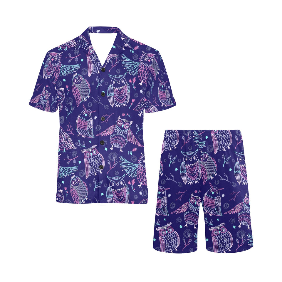 Cute owls pattern boho style ornament Men's V-Neck Short Pajama Set