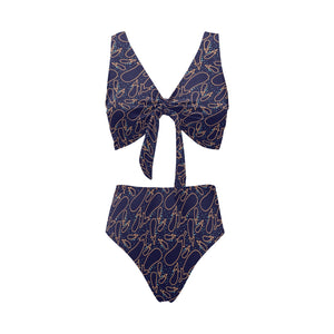 Eggplant Pattern Print Design 04 Chest Bowknot High Waisted Bikini Swimsuit