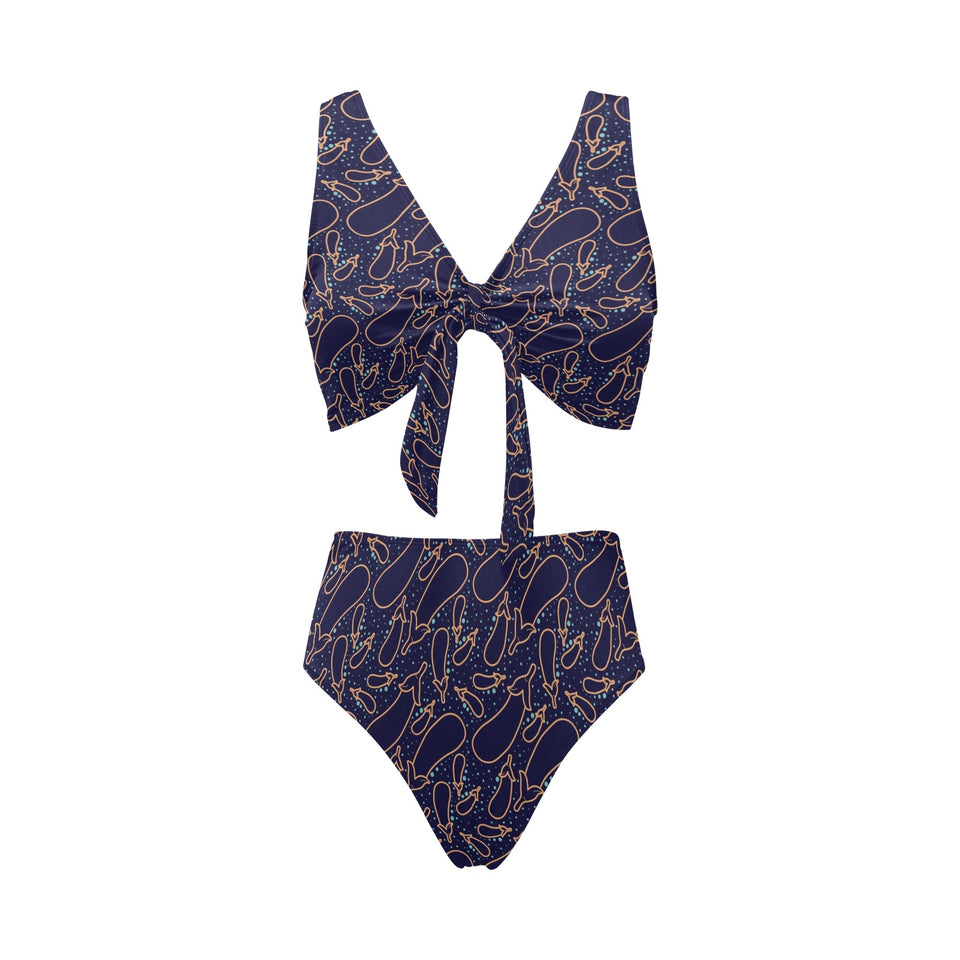 Eggplant Pattern Print Design 04 Chest Bowknot High Waisted Bikini Swimsuit