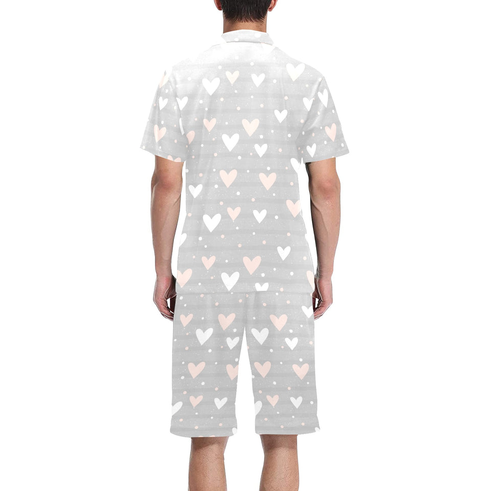 Heart pattern gray background Men's V-Neck Short Pajama Set