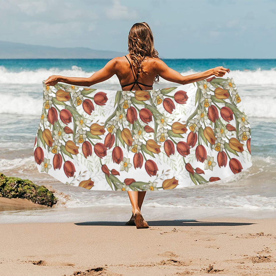 Red tulips and daffodils pattern Beach Towel