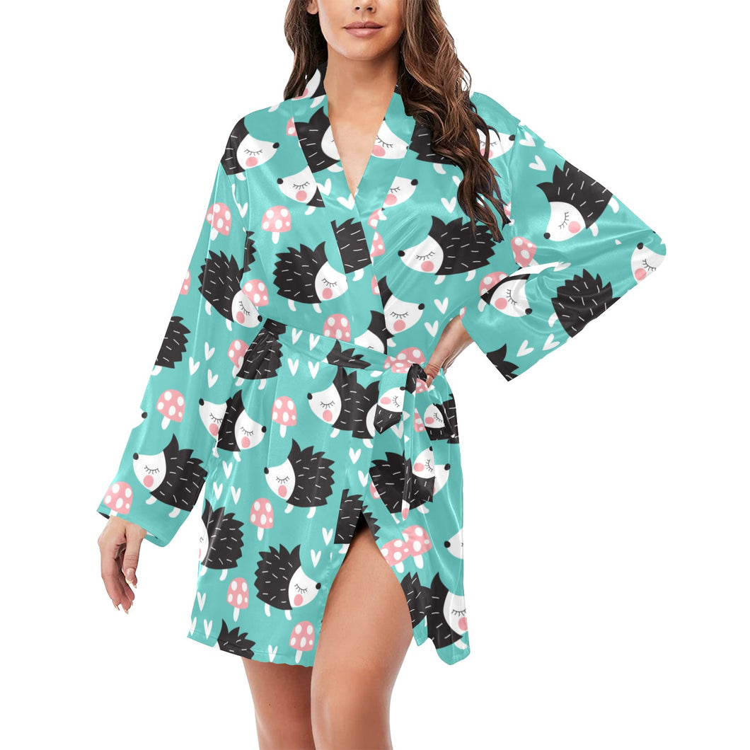 Hedgehog Pattern Print Design 03 Women's Long Sleeve Belted Night Robe