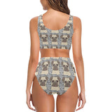 Happy pug pattern Chest Bowknot High Waisted Bikini Swimsuit