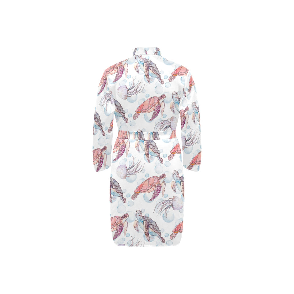 Watercolor sea turtle jellyfish pattern Men's Long Sleeve Belted Night Robe