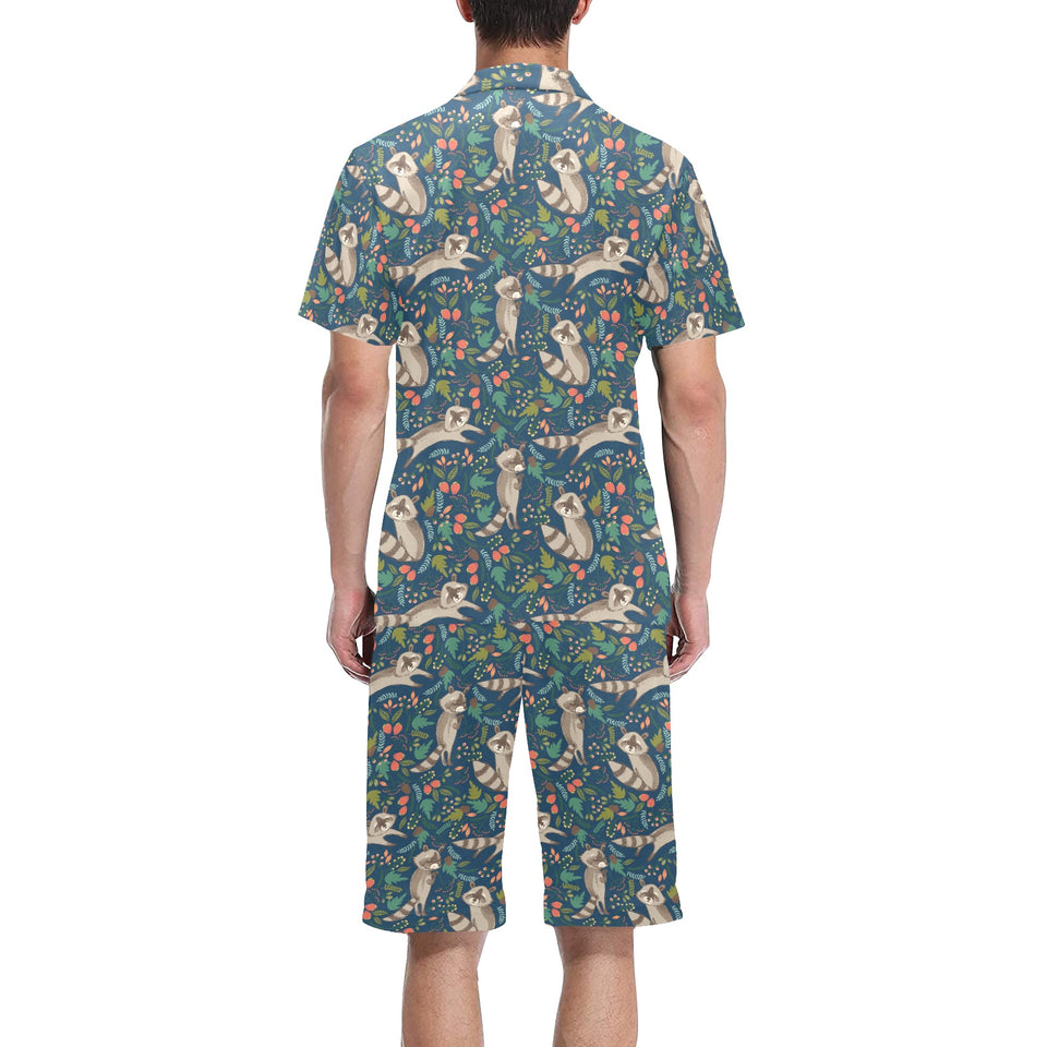Raccoon tropical leaves pattern Men's V-Neck Short Pajama Set