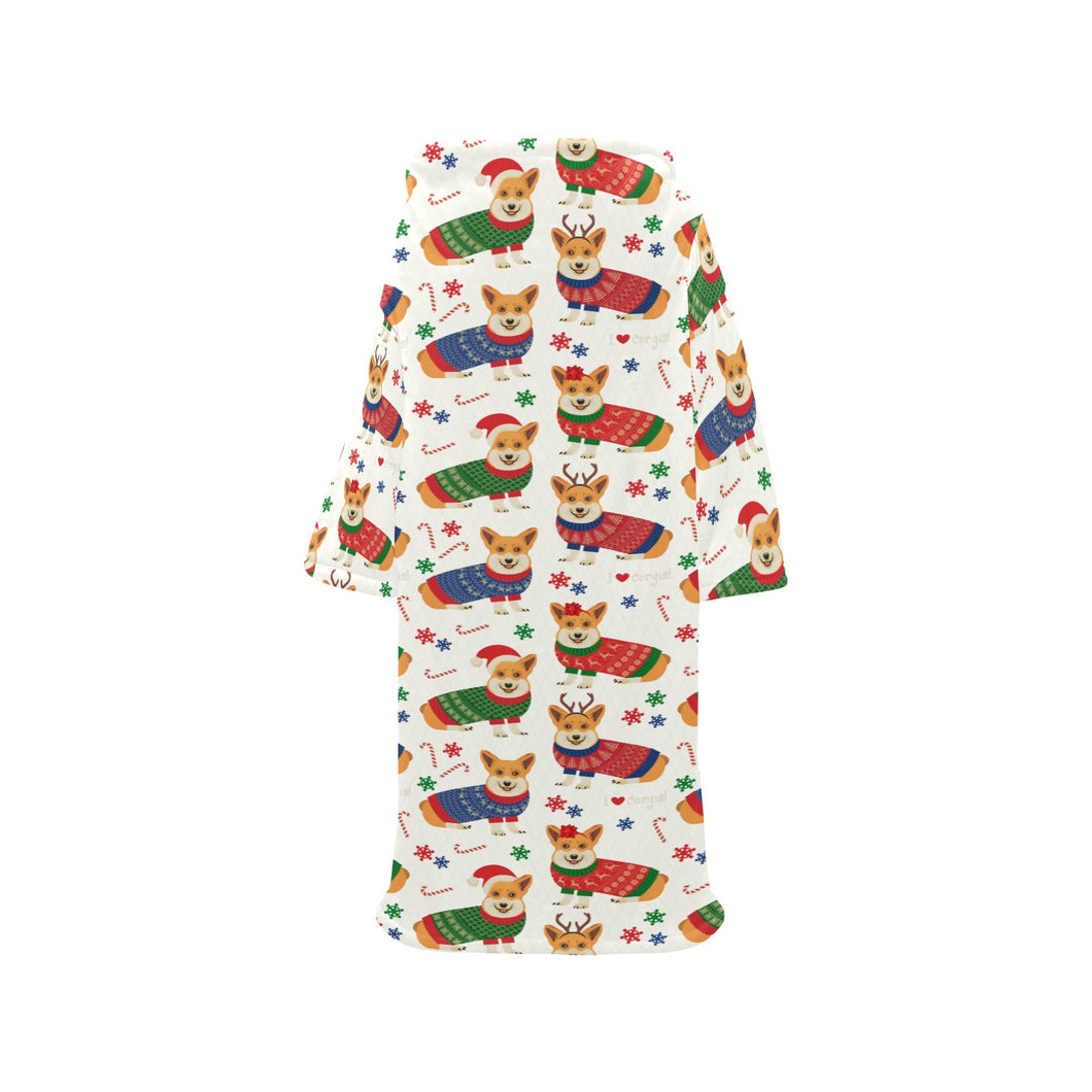 Corgi Christmas Pattern Blanket Robe with Sleeves