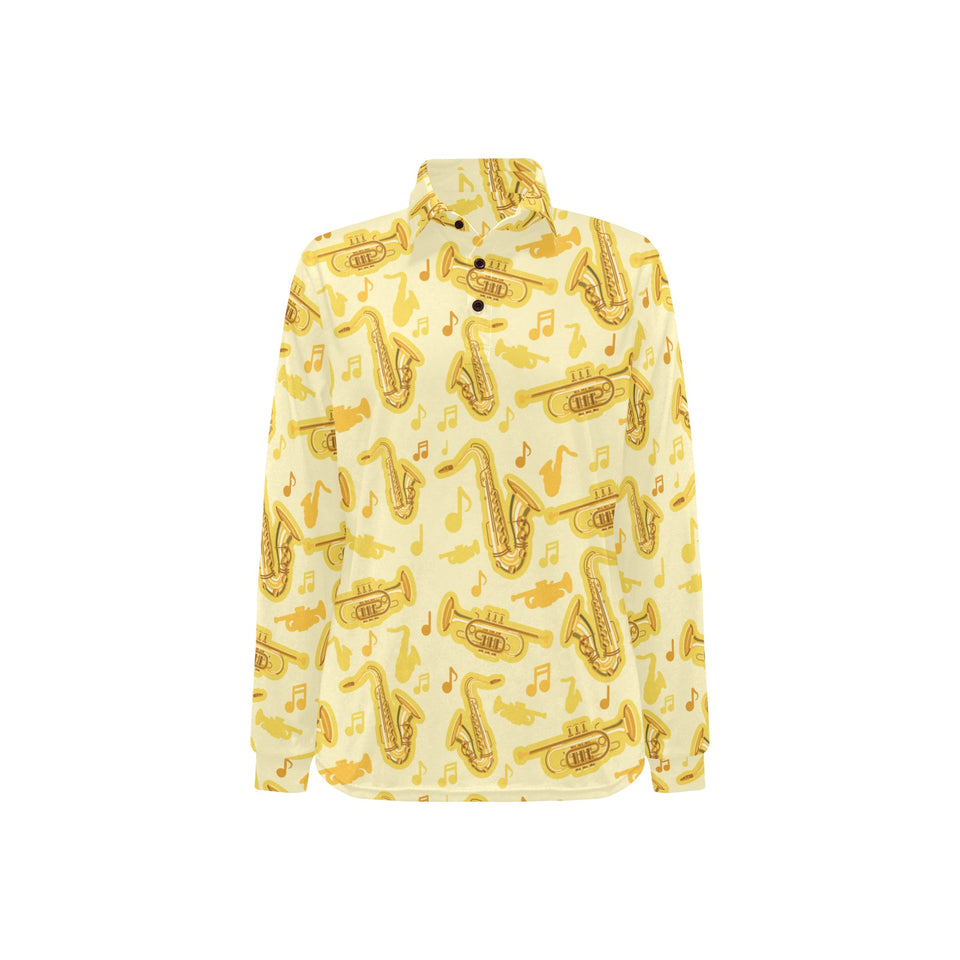 Saxophone cornet pattern yellow background Women's Long Sleeve Polo Shirt