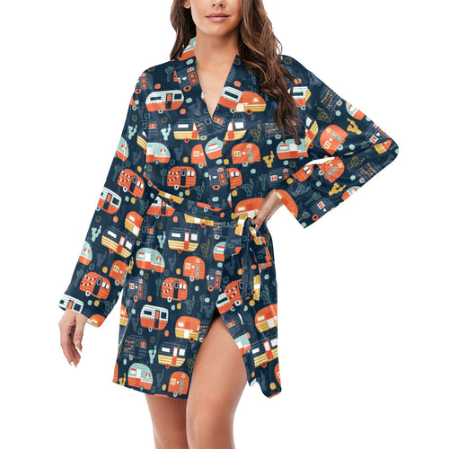 Camper Van Pattern Print Design 05 Women's Long Sleeve Belted Night Robe