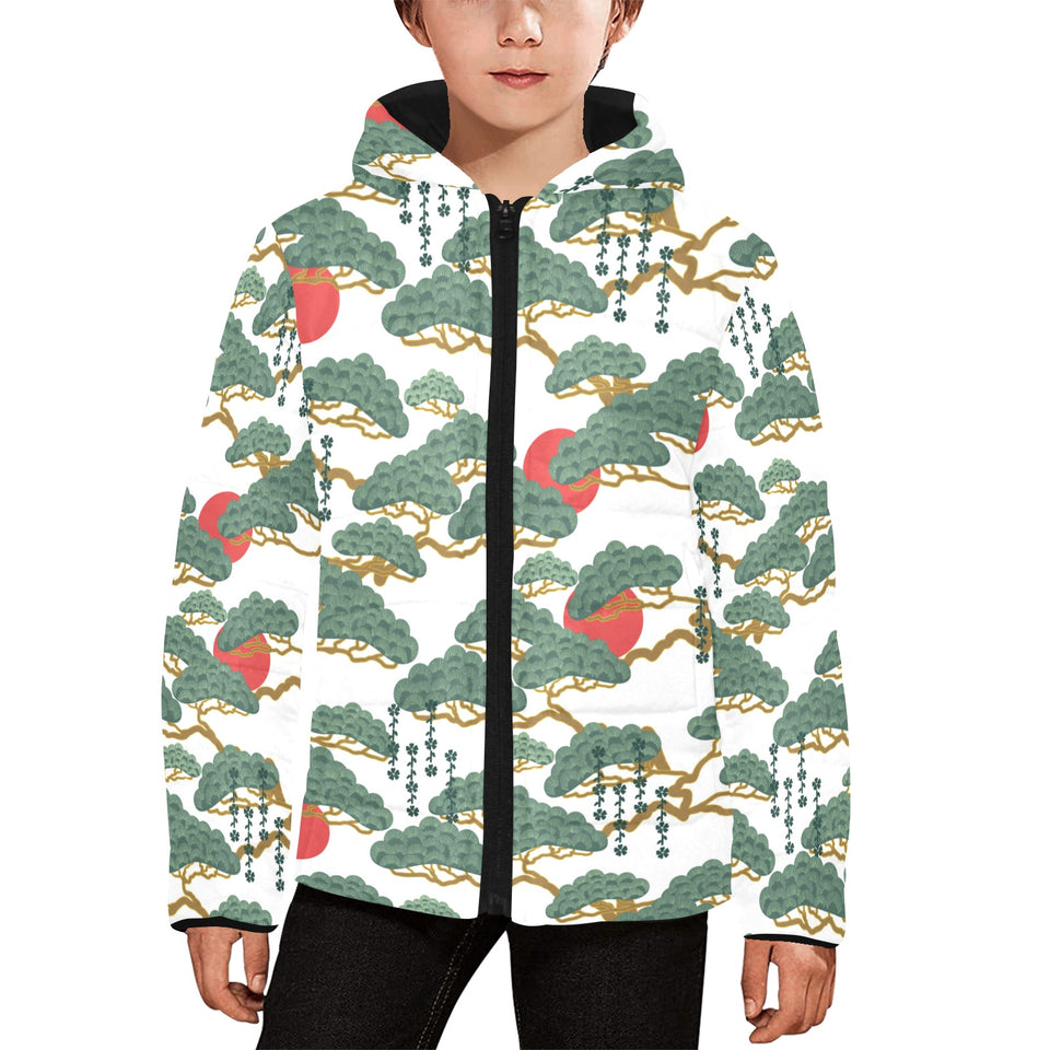 Bonsai red sun japanese pattern Kids' Boys' Girls' Padded Hooded Jacket