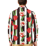 red and white tulips pattern Men's Long Sleeve Polo Shirt