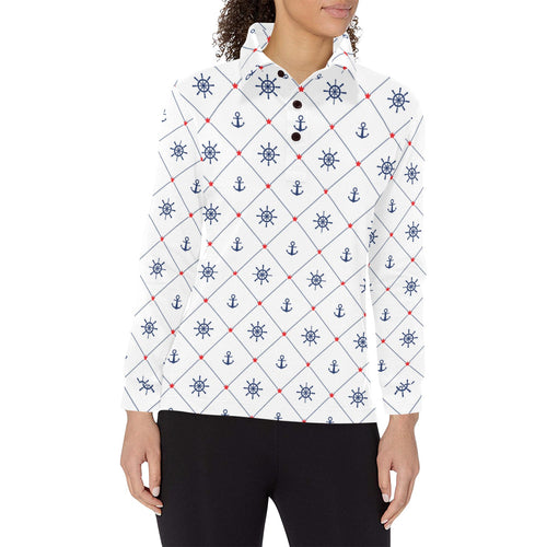 Anchor rudder nautical design pattern Women's Long Sleeve Polo Shirt
