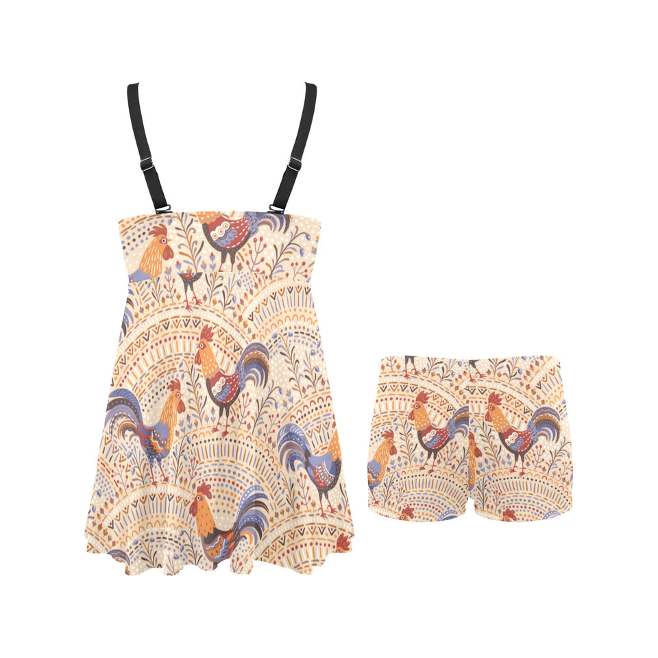 Cute rooster chicken cock floral ornament backgrou Chest Sexy Pleated Two Piece Swim Dress