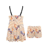 Cute rooster chicken cock floral ornament backgrou Chest Sexy Pleated Two Piece Swim Dress