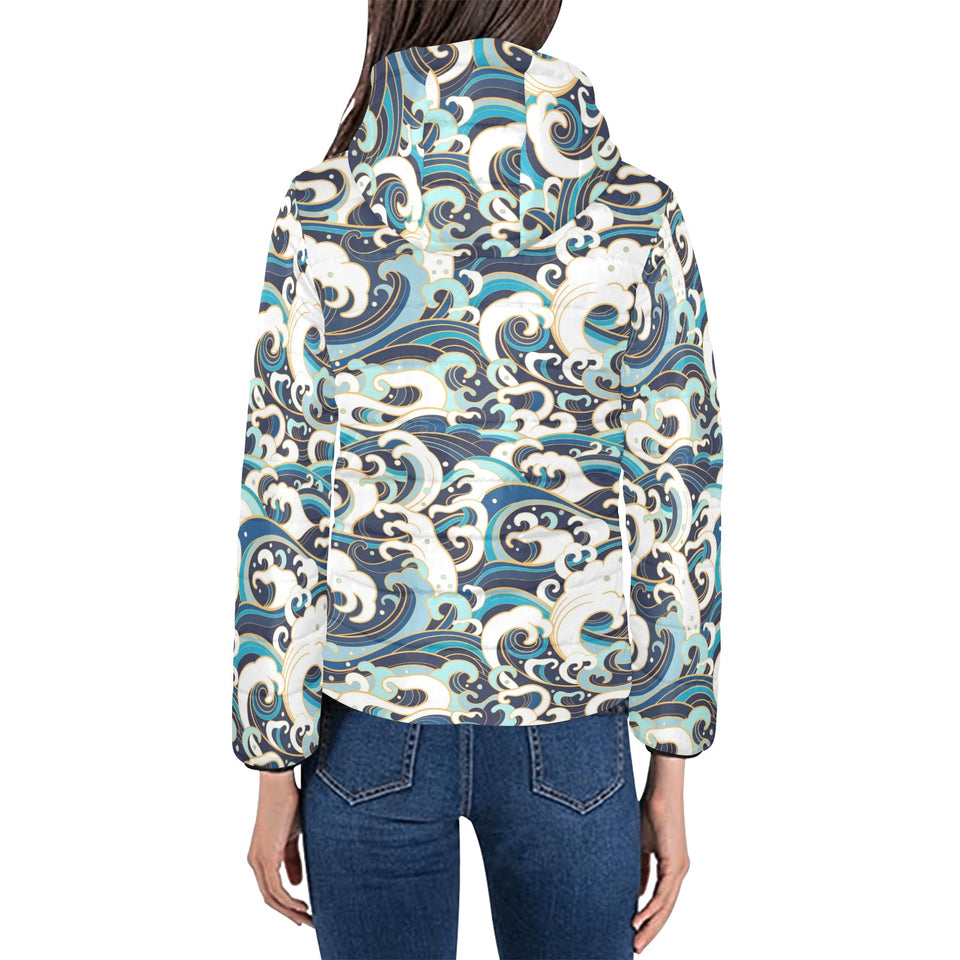 Japanese wave pattern Women's Padded Hooded Jacket