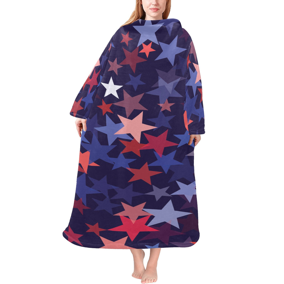 Red blue star pattern Blanket Robe with Sleeves