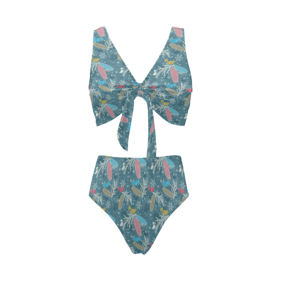 Squirrel Pattern Print Design 01 Chest Bowknot High Waisted Bikini Swimsuit