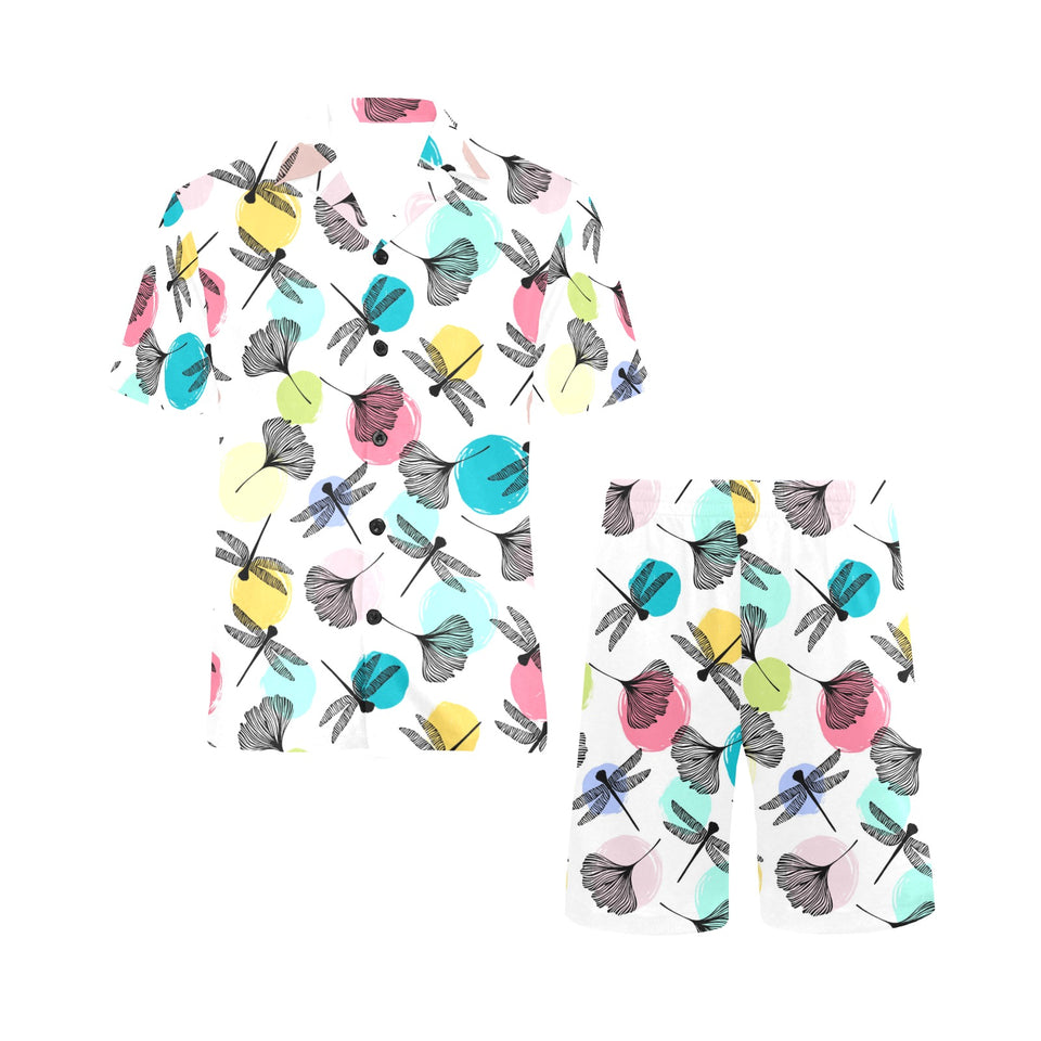 Dragonflies ginkgo leaves pattern Men's V-Neck Short Pajama Set