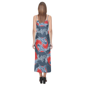 Fancy Carps hand drawn japanese art V-Neck Open Fork Long Dress