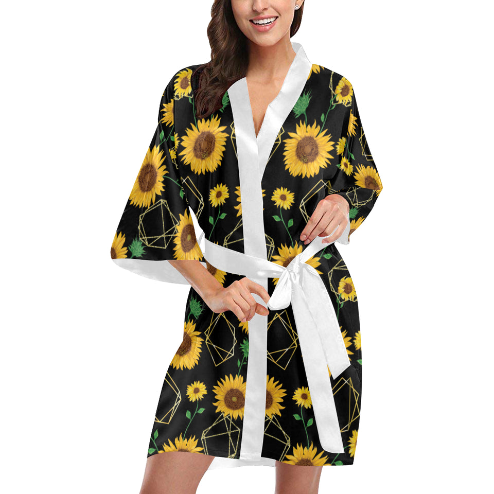 sunflower golden polygonal shapes Women's Short Kimono Robe