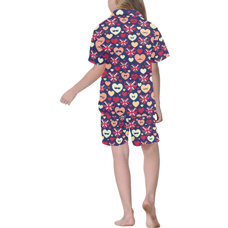 British Pattern Print Design 02 Kids' Boys' Girls' V-Neck Short Pajama Set