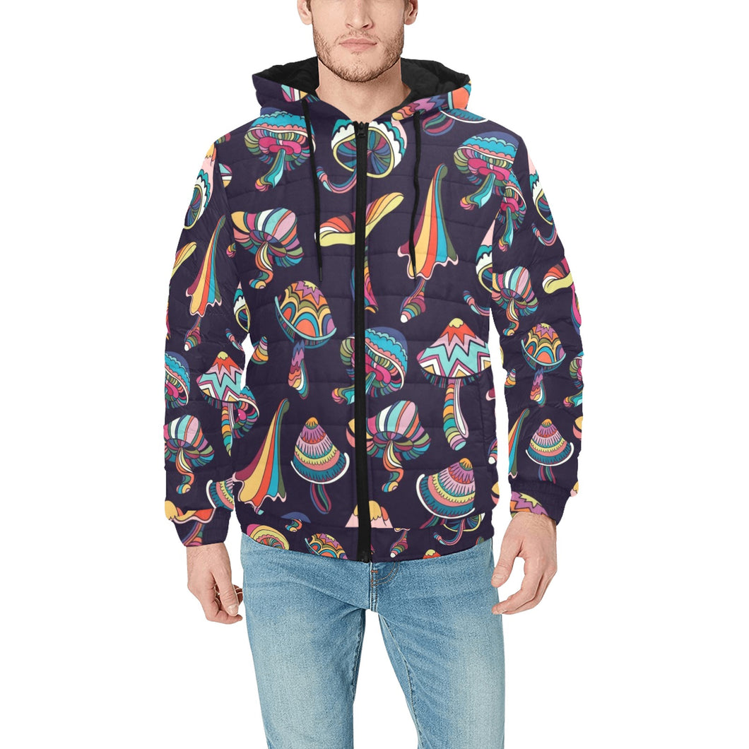Colorful mushroom pattern Men's Padded Hooded Jacket
