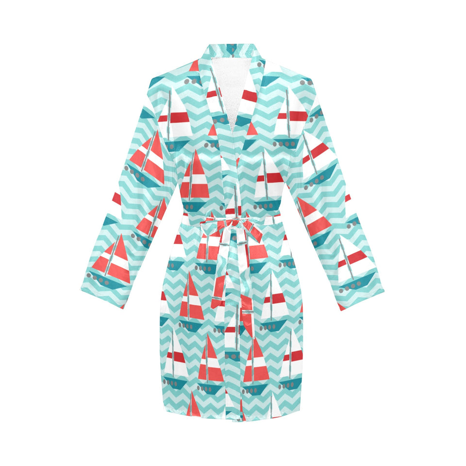 Red White sailboat wave background Women's Long Sleeve Belted Night Robe
