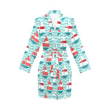Red White sailboat wave background Women's Long Sleeve Belted Night Robe