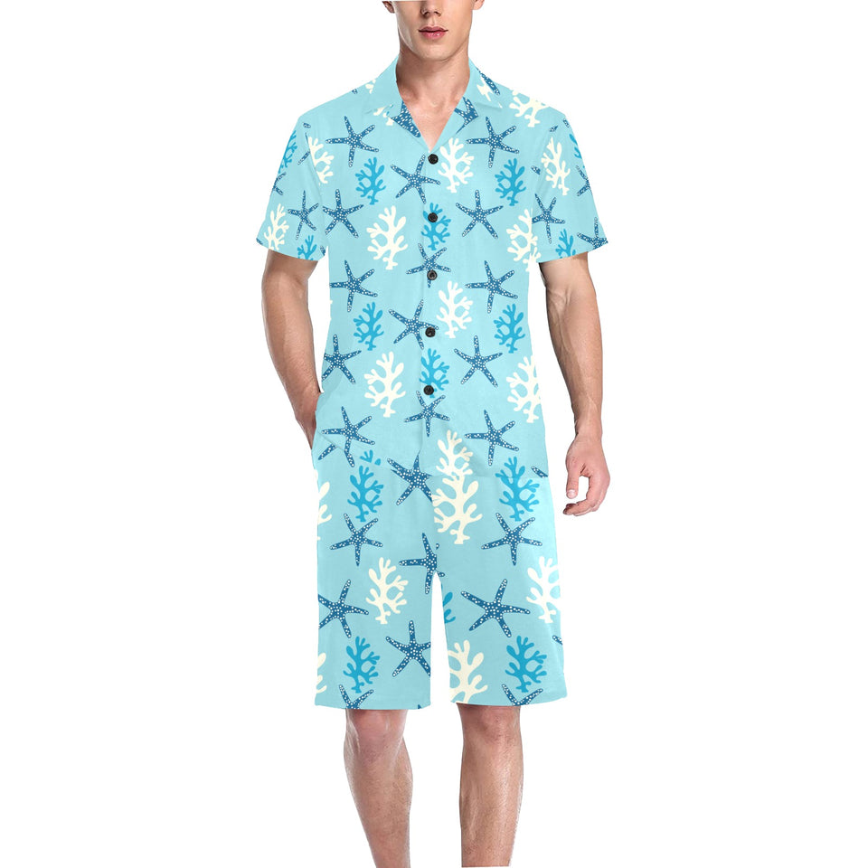 Blue starfish coral reef pattern Men's V-Neck Short Pajama Set