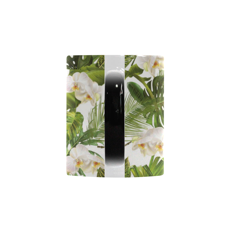 White orchid flower tropical leaves pattern Morphing Mug Heat Changing Mug