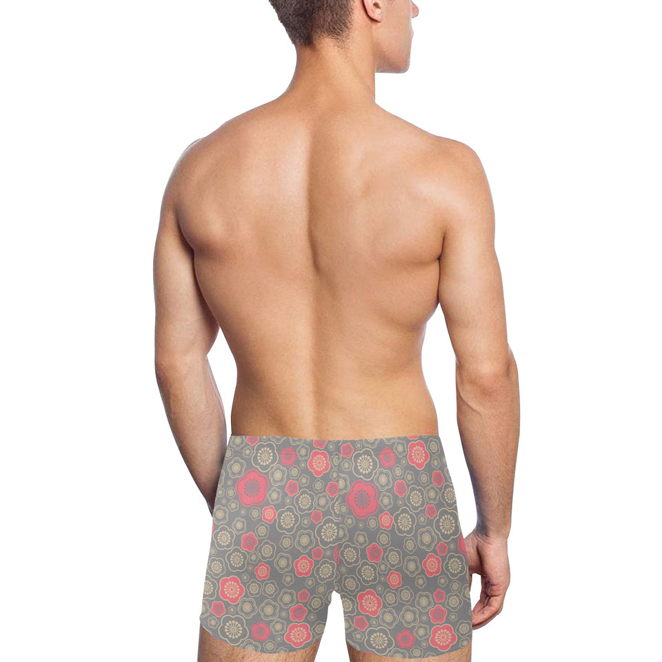 Red gold Sakura cherry blossom gray background Men's Swimming Trunks
