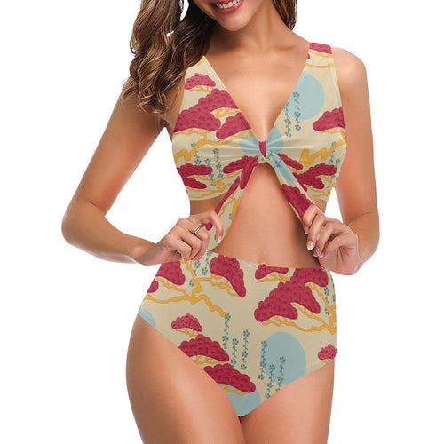 Red Bonsai gray sun japanese pattern Chest Bowknot High Waisted Bikini Swimsuit