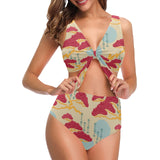Red Bonsai gray sun japanese pattern Chest Bowknot High Waisted Bikini Swimsuit