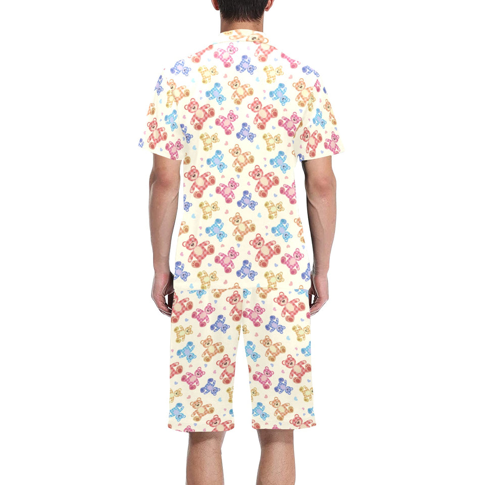 Teddy Bear Pattern Print Design 05 Men's V-Neck Short Pajama Set