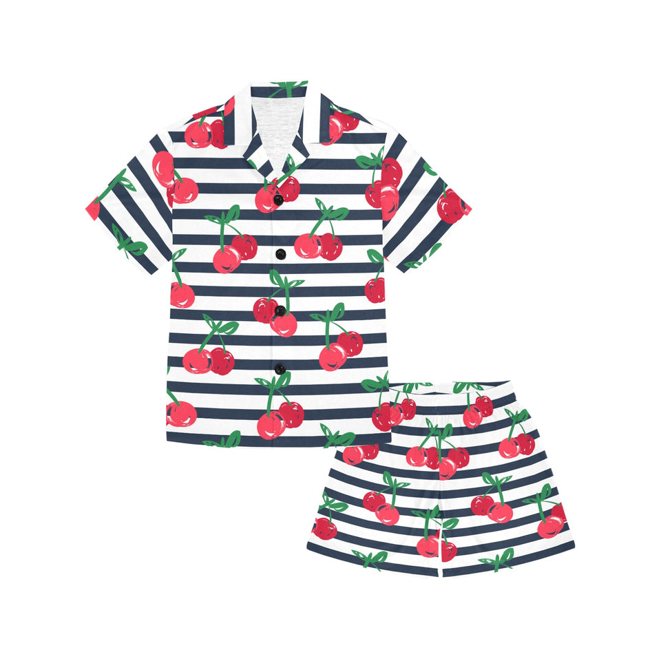 Hand drawn cherry pattern striped background Kids' Boys' Girls' V-Neck Short Pajama Set