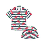 Hand drawn cherry pattern striped background Kids' Boys' Girls' V-Neck Short Pajama Set