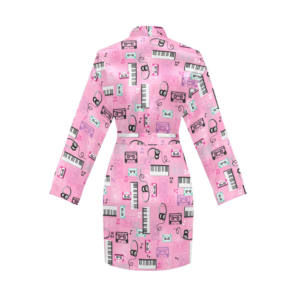 Piano Pattern Print Design 01 Women's Long Sleeve Belted Night Robe