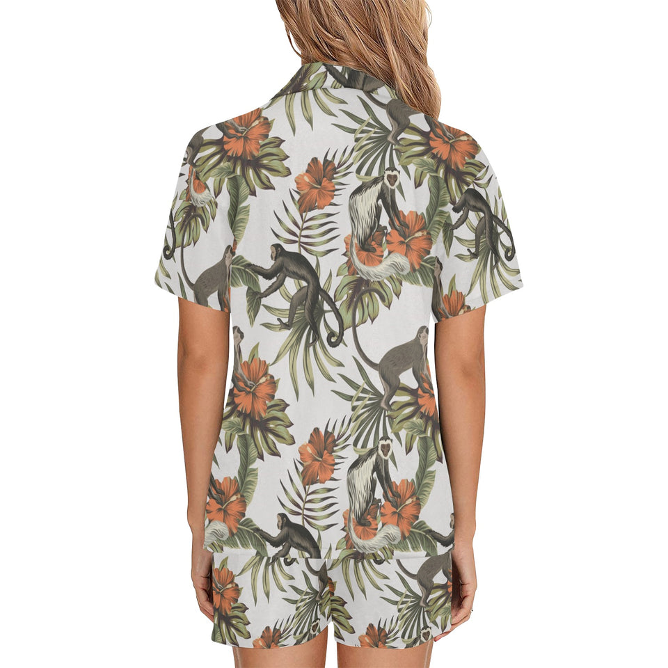 Monkey red hibiscus flower palm leaves floral patt Women's V-Neck Short Pajama Set